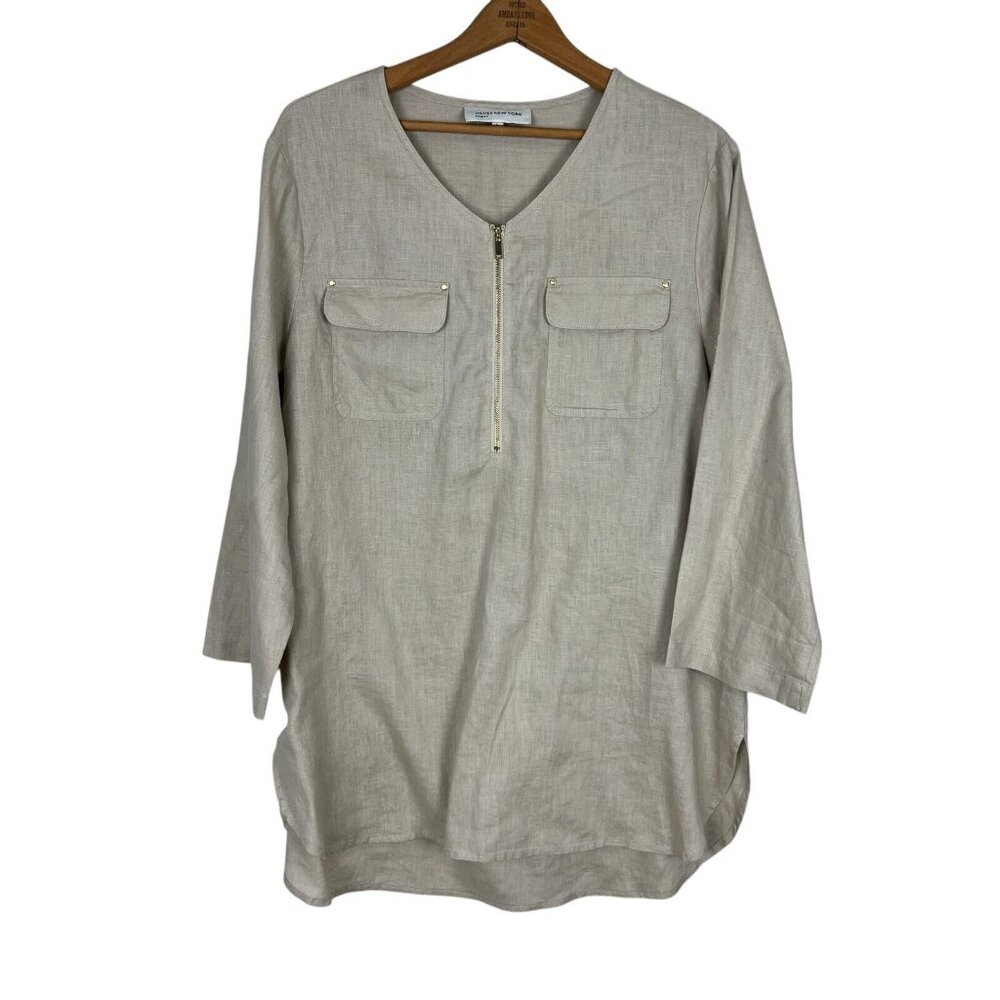 Jones New York Top Womens Large Beige 100% Linen 3/4 Tab Sleeve 1/4 Zip Resort L
